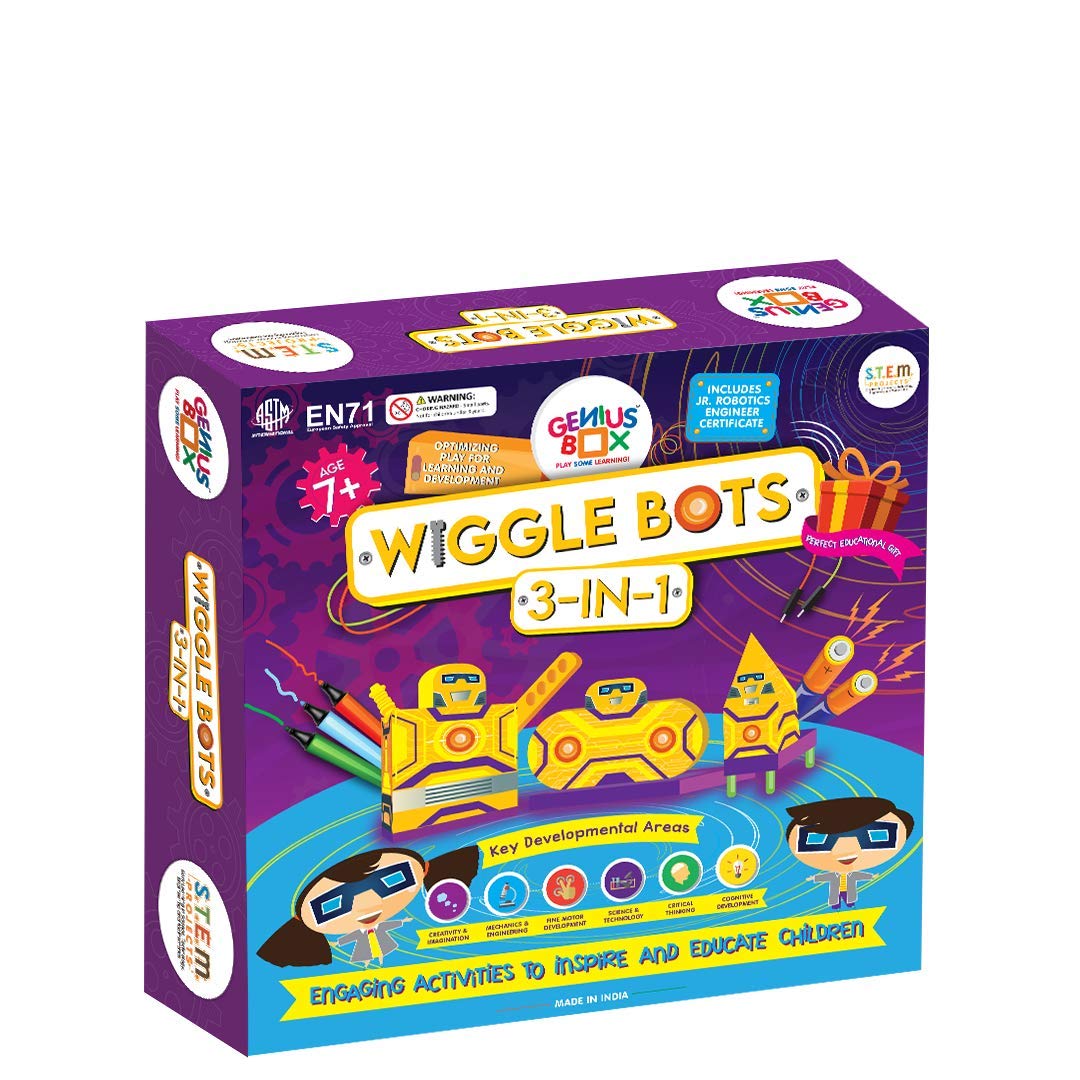 Genius Box - Play Some Learning Genius Box Educational Toy - Play Some Learning 3 in 1 Activity S.T.E.M Learning Kit for Children Age 7+ : Wiggle Bot Activity Kit - Multicolor - Gifts4All