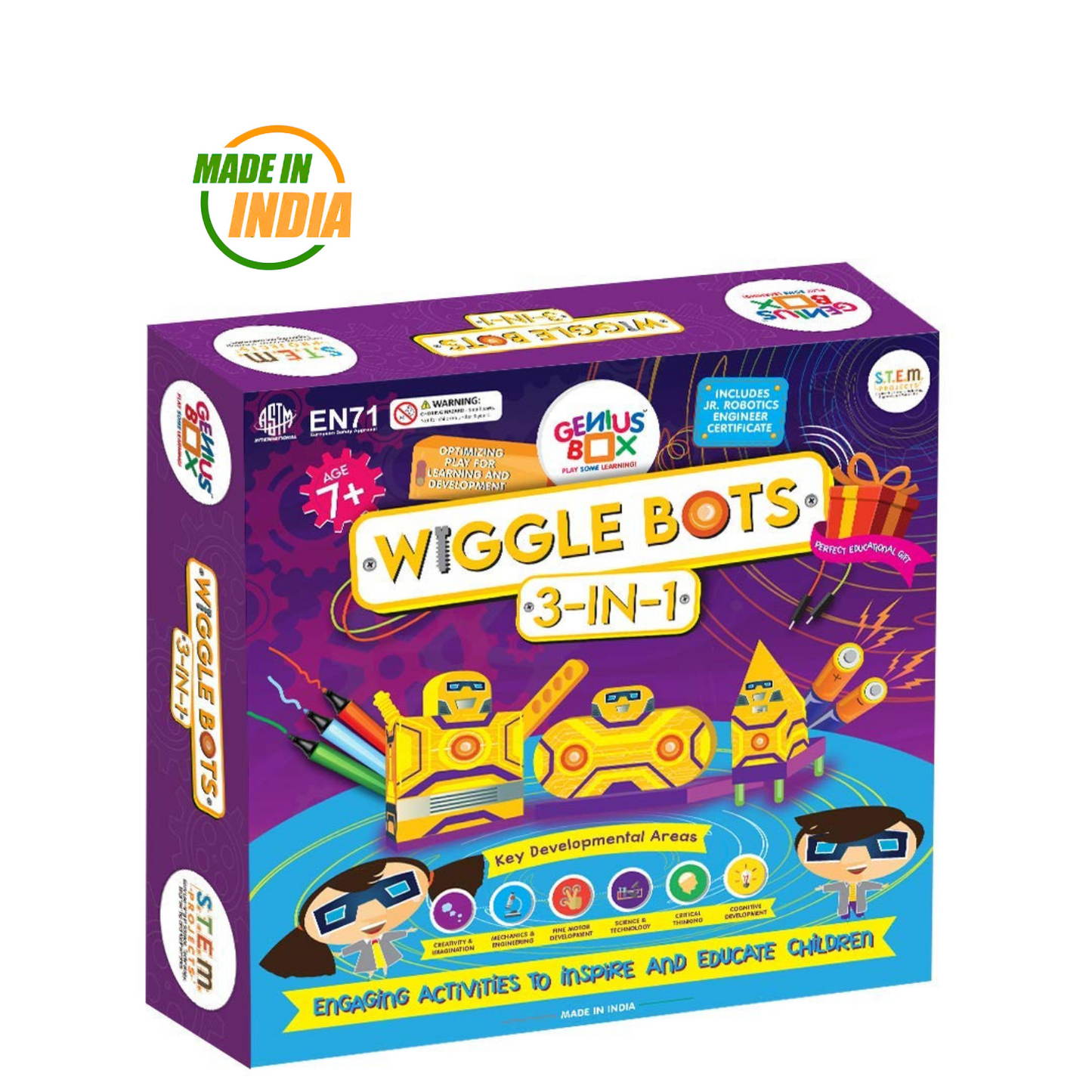 Genius Box - Play Some Learning Genius Box Educational Toy - Play Some Learning 3 in 1 Activity S.T.E.M Learning Kit for Children Age 7+ : Wiggle Bot Activity Kit - Multicolor - Gifts4All