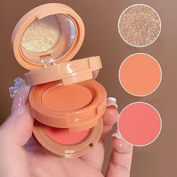 3 in1 Face Blusher + Highlighter with Mini Compact Travel Friendly Palette - Gifts4All