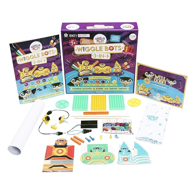 Genius Box - Play Some Learning Genius Box Educational Toy - Play Some Learning 3 in 1 Activity S.T.E.M Learning Kit for Children Age 7+ : Wiggle Bot Activity Kit - Multicolor - Gifts4All