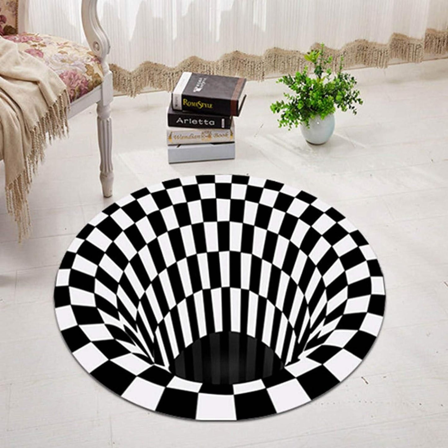 Black & White Checks Round 3D Printed Carpet - Gifts4All