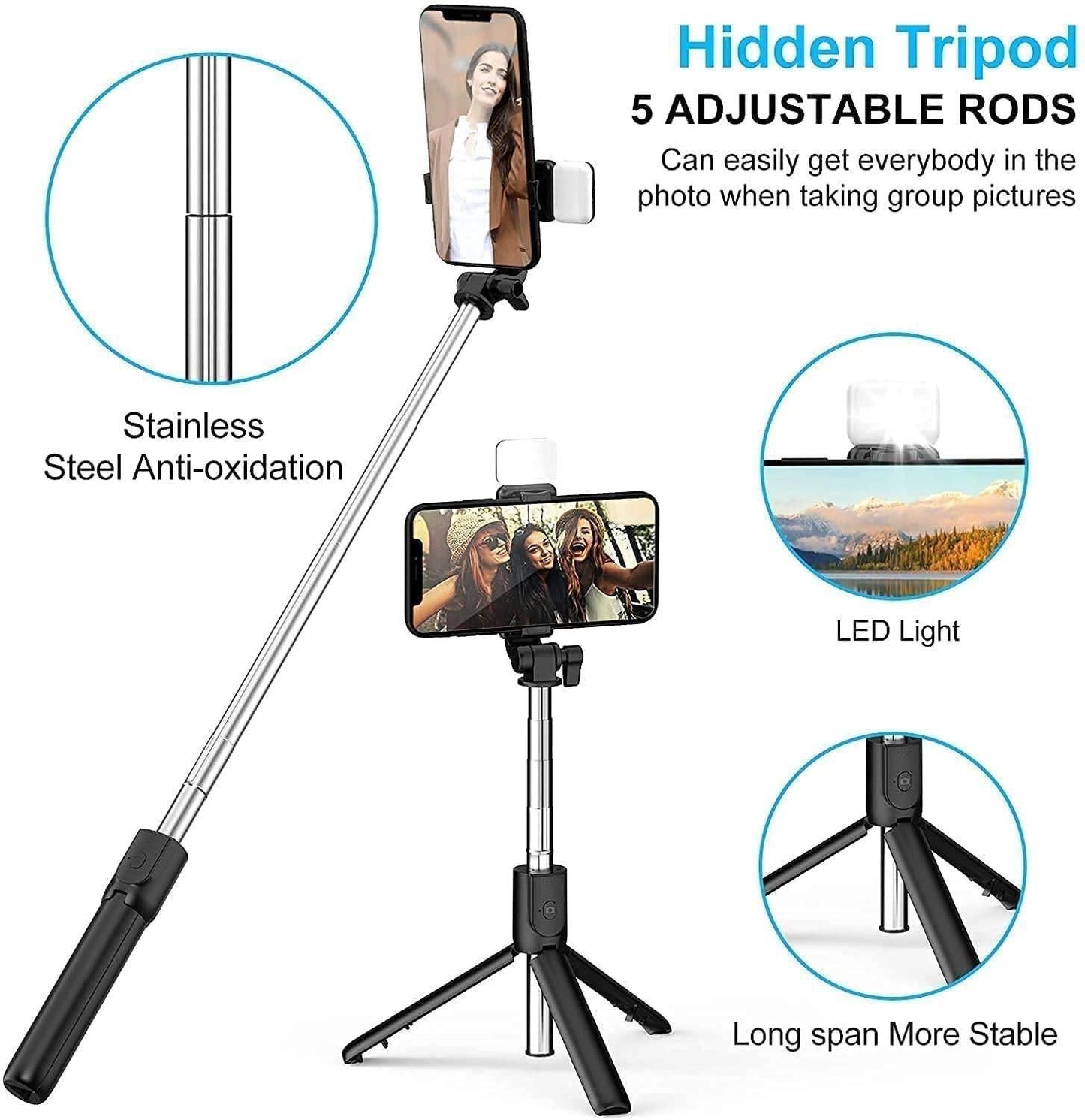 Extendable Flash 3-in-1 Selfie Stick Tripod with Bluetooth Remote - Gifts4All