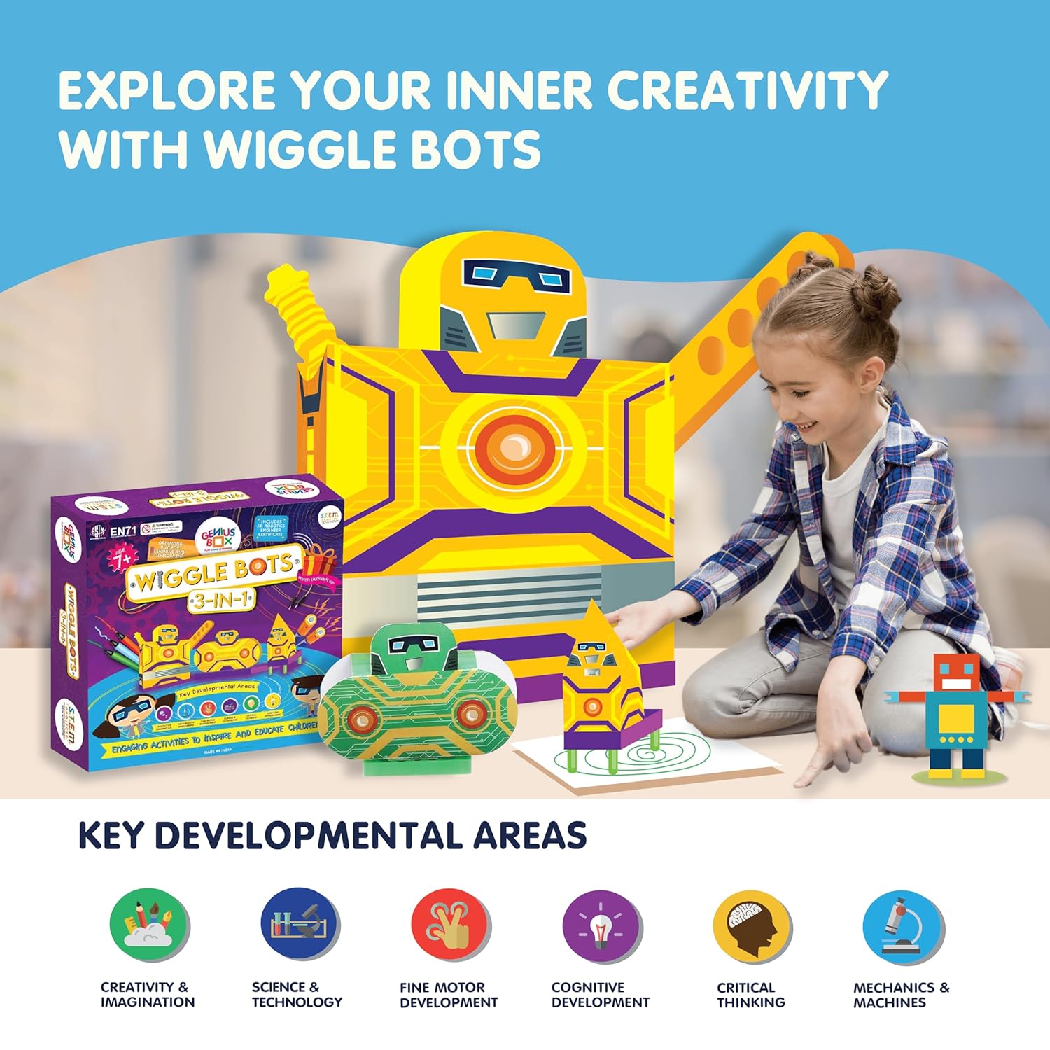 Genius Box - Play Some Learning Genius Box Educational Toy - Play Some Learning 3 in 1 Activity S.T.E.M Learning Kit for Children Age 7+ : Wiggle Bot Activity Kit - Multicolor