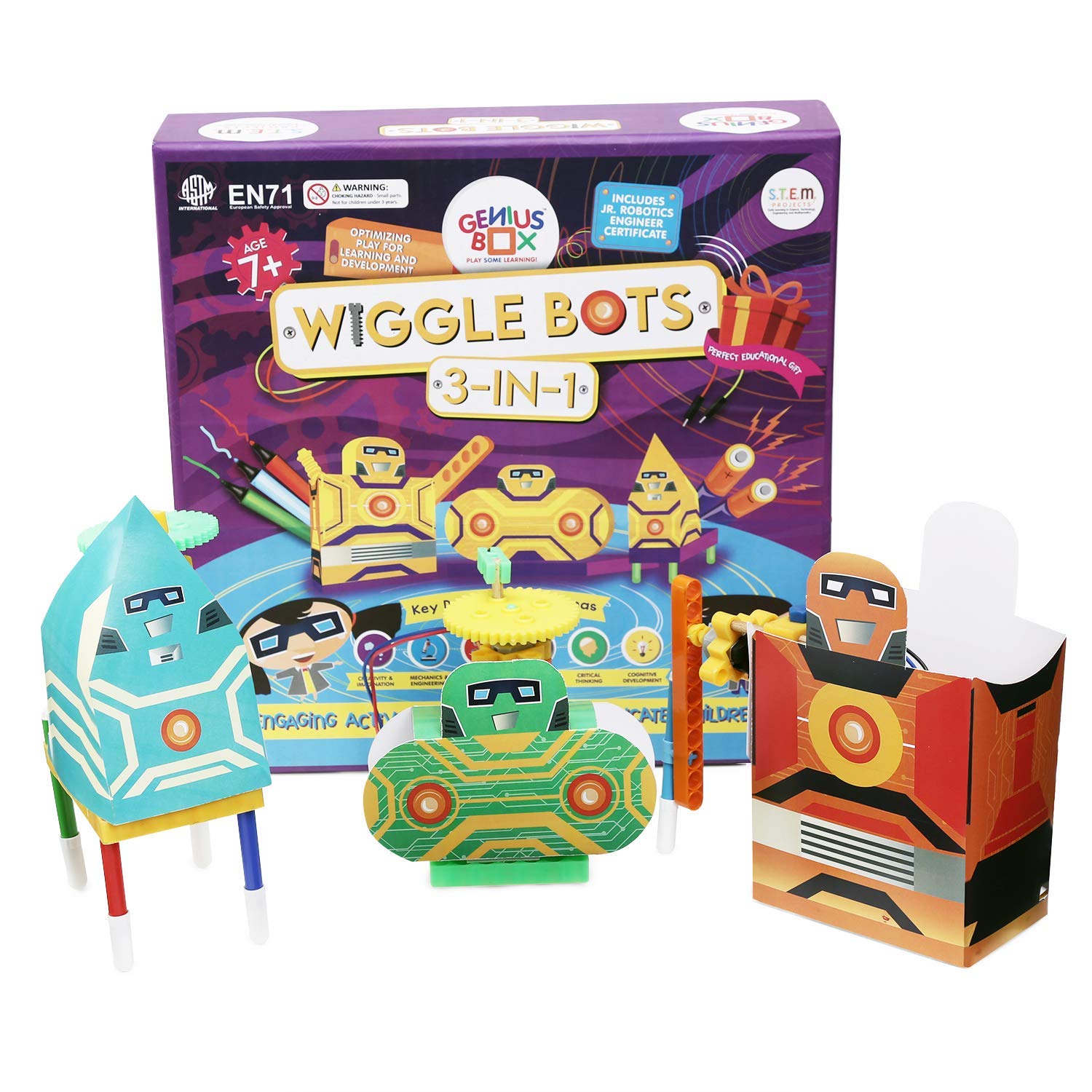 Genius Box - Play Some Learning Genius Box Educational Toy - Play Some Learning 3 in 1 Activity S.T.E.M Learning Kit for Children Age 7+ : Wiggle Bot Activity Kit - Multicolor